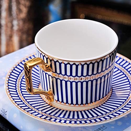 Чашата за кафе и Чиния от Фин Костен Порцелан ufengke 8 грама, Кафе Порцеланова Чаша със Синьо Геометричен Модел,