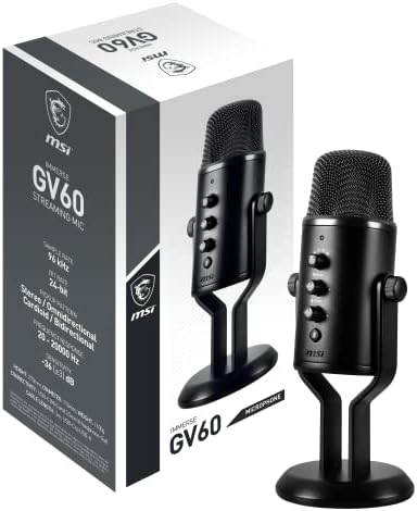 Стрийминг на микрофона MSI IMMERSE GV60 (интерфейс USB Type-C и 3.5 мм Aux вход за професионални приложения с интуитивно управление, в 4 режима: стерео, ненасочено, кардиоидный и дв
