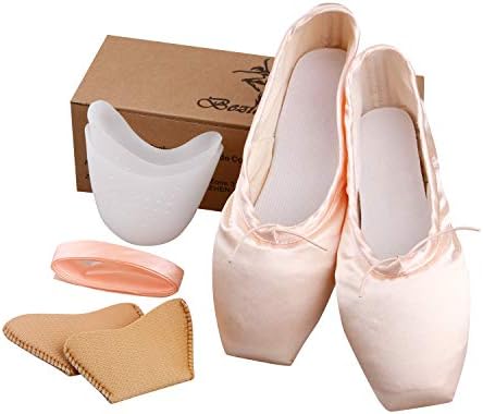 Балетные Танцови обувки KUKOME Розови Сатенени pointe обувки с Панделка и Подложки за Чорапи за Дамите