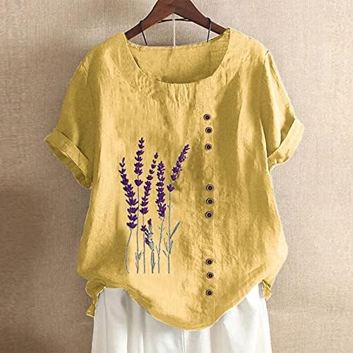 Жълто Бельо в памучна Блуза, Тениска за Жени Лято Есен С Къс Ръкав и Кръгло Деколте Цветен Графичен Свободен