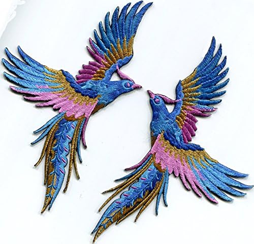 Феникс феникс птица лазурно-синьо, розово злато бродирани апликации железни ивици двойка на S-1338
