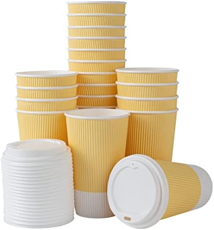 Чашата за кафе от светло-жълта хартия с рифлеными стени на 12 унции за трапезария - с бяла капак - 3 1/2 x 3 1/2 x 5 - кутия