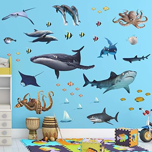 Buiory Креативна 3D Свалящ Подводна Цветна Акула, Делфин, Скат, Октопод, Стикери За Стена, Подводен Океан, Анимлас, Vinyl