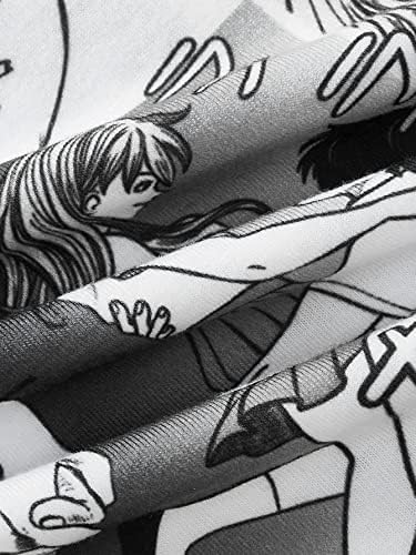Мъжка тениска с японски букви и анимационни графики, занижени линия рамо (Цвят: черно-бял, размер: средно)