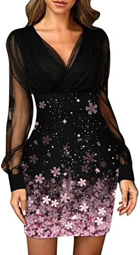Празнични рокли iQKA за жени, късо мини-рокля с флорални принтом, Vestidos, прозрачно вечерна рокля с дълъг ръкав