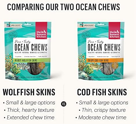 Лакомства за кучета The Honest Kitchen Ocean Chews с Хрупкава риба кожата, треска, 5,5 унции (Снопчета) и балтийската килькой Plato 3 грама