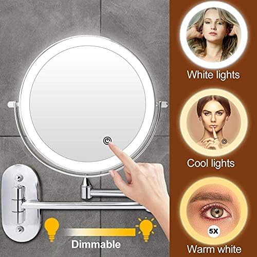 GRUNI Light up Life & Стенно Огледало за грим LED Touch Sn Регулируема с 3 Цветни подсветками Двустранно 1X/5X Увеличително