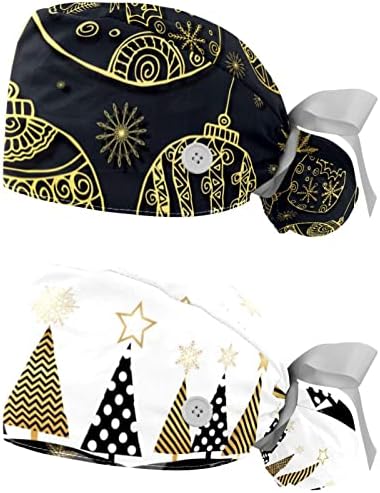 2 Опаковане на Работни шапки за еднократна употреба с Каишка за Пот за жени, Коледни Златни Дрънкулки На Фона На Чувалчета с Кон Опашка, Търкане-Шапки