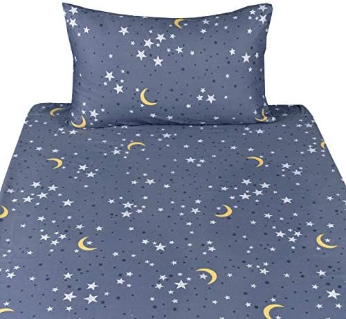 Комплект спално бельо Scientific Sleep Moon & Stars за момчета и Момичета от памук, 3 предмет, комплект спално бельо за деца-тийнейджъри, Плосък Чаршаф, Чаршаф и Калъфка, Комплект