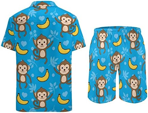 Мъжки Плажно облекло с шарките на Маймуни и Банани от 2 теми, Хавайска Риза с копчета с Къс ръкав и къси Панталони, Костюми