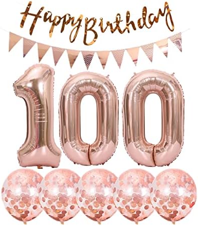 3 Въздушни топката с номер 100 + луксозна Венец на рожден Ден + Банер от фолио от розово злато, украса на 100-ия рожден ден + 5 балони, Конфети за момчета и момичета, 100. Укра