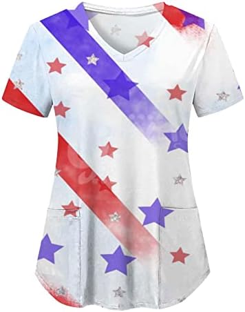 Ризи 4 Юли за Жени с Флага на САЩ, Лятна Тениска с Къс Ръкав и V-образно Деколте и 2 Джобове, Блузи, Празнична Ежедневни