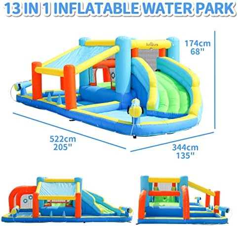 Водни пързалки SunSports Надуваеми, Къщичка за скокове в задния двор за деца, Надуваем Аквапарк с басейн от пръски,