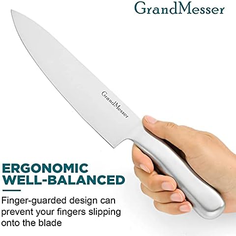 Кухненски нож на Главния готвач GrandMesser 8 инча от Въглеродна Неръждаема Стомана с острилка ви и Ергономична дръжка -