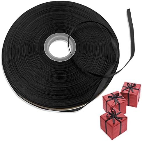 Двустранен Черен Полиестерен сатен лента с ширина 1/4 инча, дължина 100 ярда, за опаковане на подаръци, украси за