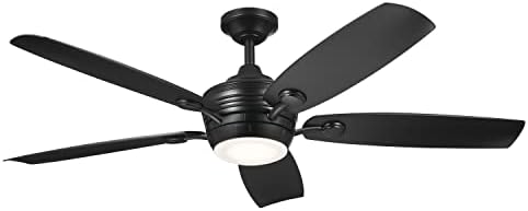 Вентилатор на тавана Kichler 56 Инча Tranquil 5 Blade LED Weather + Outdoor с корпус от Травленого опалового стъкло, черен на цвят, с сатиновыми черни остриета и дистанционно управление