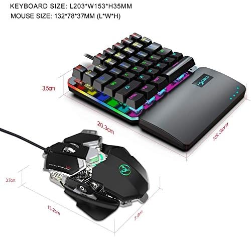 Комбинирана Ръчна Детска програмируема клавиатура и мишка за една ръка, Жичен Детска клавиатура USB и мишка с led подсветка за LOL /PUBG /Wow /Dota /OW YANG1MN (Цвят: черен)