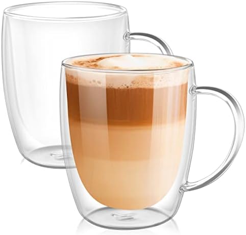 Чаши за кафе PunPun Прозрачни чаши за кафе, чаши за еспресо, стъклени чаши за кафе с двойни стени и голяма дръжка, прозрачни чаши за 380 ml всяка, идеални стъклени чаши за т