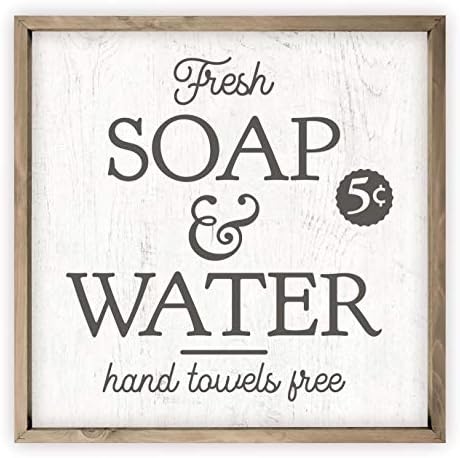 Свеж сапун и вода, Кърпи за ръце, Безплатно, Дървена Табела в селски стил 12x12 (рамката е включена в комплекта)