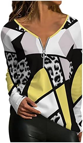 Жена Случайни Темпераментна Пуловер с цип С V-образно деколте, Нередовен Шарени Топ С Геометричен Принтом, Блузи С Дълъг