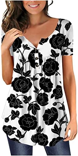 2023 Женска Риза Лятна Тениска С Къс Ръкав Плиссированная Струящаяся Туника Хенли Върховете Ежедневни Блузи С V Образно