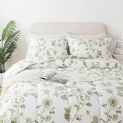 Комплект спално бельо Lemfux от памук Queen Green с флорални принтом, Двустранно Пушистое Леко одеяло в фермер стил,