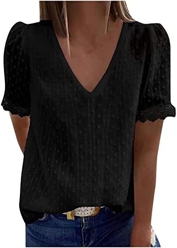 Дамска Лятна Блуза с V Образно деколте, Лейси Вязаная на една Кука Ежедневни Свободна Риза С Къс Ръкав в Швейцария Грах, Удобни Блузи-Ризи