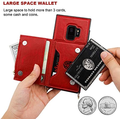 Калъф KIHUWEY Galaxy S9, Чантата през рамо джоб с каишка за кредитни карти и Каишка за Китката, Защитен Калъф в чантата си Samsung Galaxy S9 Red