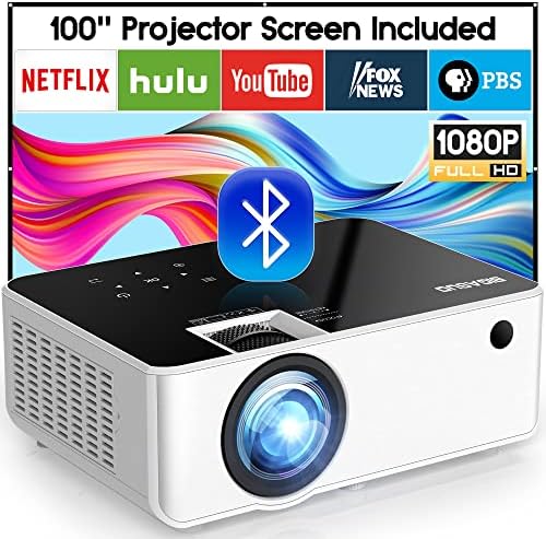 Вграден проектор Bluetooth 1080P - BIGASUO 250 Уличен филм проектор с екран, Full HD Портативен видео проектор за домашно кино, Съвместими с HDMI, VGA, USB, лаптопи, смартфони с iOS и Android
