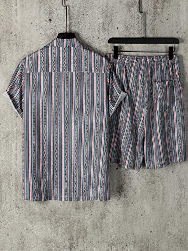 Мъжки дрехи FIOXA от две части, мъжка риза в гео-шарени и къси панталони с завязками на талията (Цвят: многоцветен,