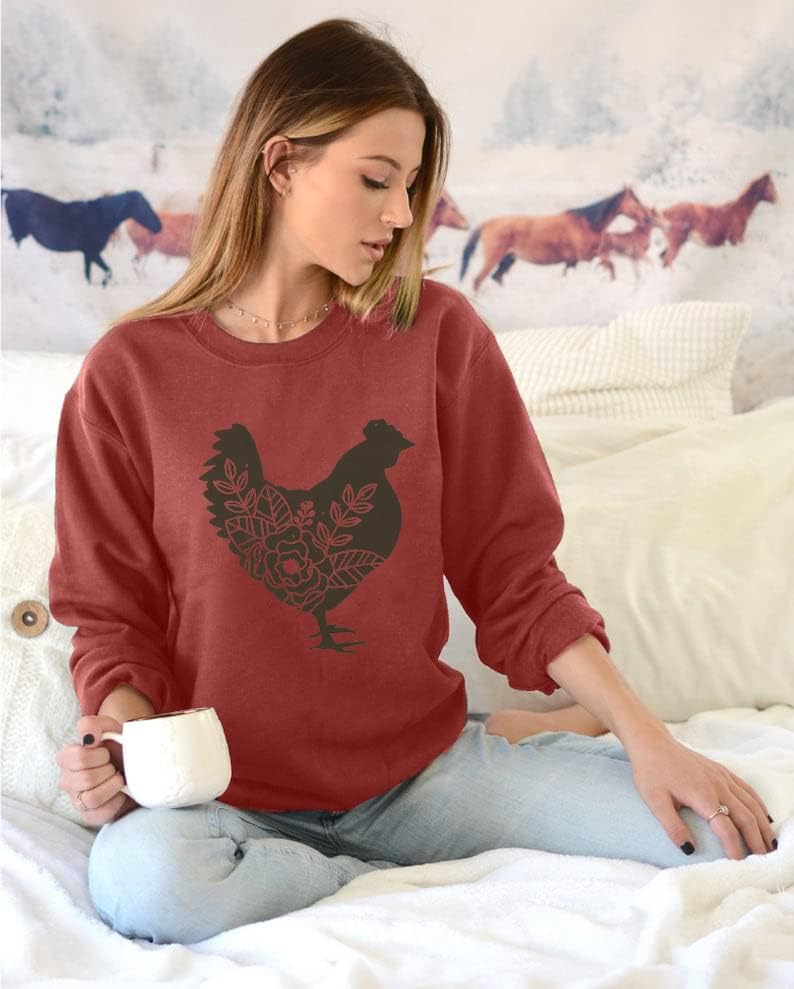 FASHGL Farm Hoody Цветен Дамски Пуловер с Пиле и Забавна Хубава Графична Тениска Празнични Ежедневни Блузи Лека Блуза