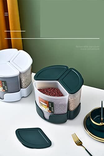 Кухненски контейнер за съхранение на ориз и зърно GRETD с въртяща се кофа за ориз с обем 5,4 л, Въртяща Дизайн, 3 отделения