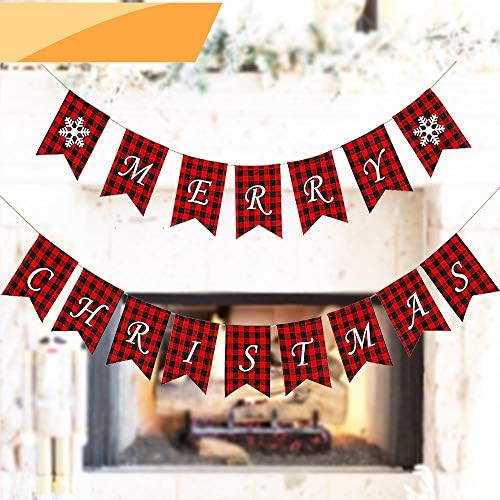 Банер Jolik Весела Коледа с Две Знамена под формата на Снежинки - Банер в Клетка от Бъфало, Украса за Камини,