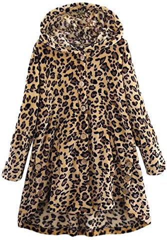 Дамски hoody с качулка Andongnywell от шерпи голям размер, Двустранно Флисовое палто, Однобортное палто с джобове (Леопардовое, 3 размера)