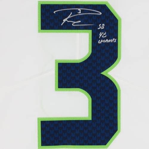 Бяла риза Найки Limited с автограф на Ръсел Уилсън Seattle Seahawks в рамка и надпис SB 48 Champs - Тениски NFL с автограф
