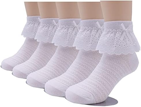 Xiyadun 4 опаковки Памучни Дантелен чорапи за деца и момичета, Елегантни чорапи Принцеса (2-10 години)