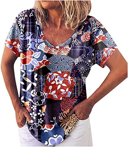 Есенно-Лятна Блуза с Дълбоко V-образно деколте за Момичета, Памучен Ежедневна Блуза с Къс Ръкав с Графичен Дизайн, Риза за Жени WD WD