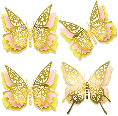 HMASYO 4шт 12 3D Голяма Пеперуда Украса за партита, Голяма Пеперуда с 4 Крила и 5 от Изкуствени Перли, Златни Етикети с