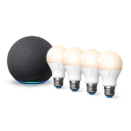 Кольцевое интелигентно осветление - лампа A19, бяла (4 броя) в пакет с чисто нов Echo (4-то поколение) - Дървени