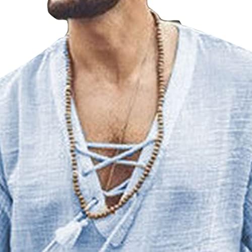 Мъжки Модни и Ежедневни Памучен Бельо Тениска, Плажна Тениска с V-образно деколте и завязками в стил Хипи, Обикновена Върховете