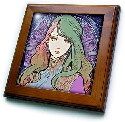 3. Жена в стил ар нуво. Съвременна красавица със зелени коса. Страхотна принцеса. - Плочки, в рамката (ft-376011-1)