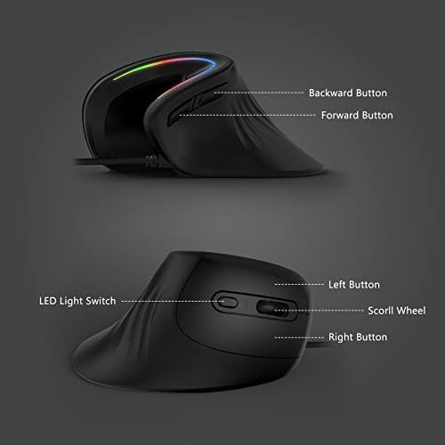Жичен Ергономична Мишка с led подсветка, 6-Режимная RGB осветление, Вертикални Мишка с USB-кабел 1600 точки