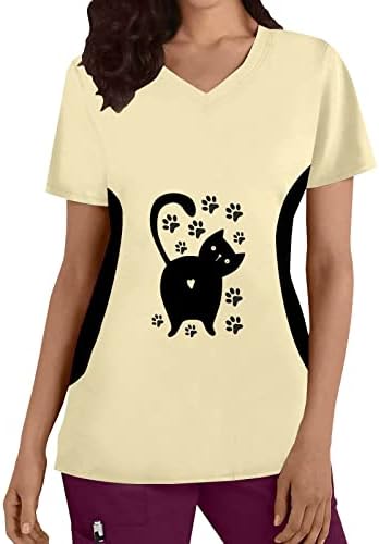 Безплатна ежедневна тениска дамски Плюс размер Топ с V образно деколте и къси ръкави, тениска с принтом котки,