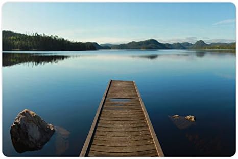 Подложка за домашни любимци с Лунен пейзаж за храна и вода, Дървена Палуба, на Спокойно Канадското езеро с участието на скали
