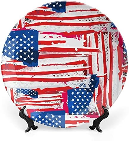 Акварел Флаг на САЩ Декоративна Чиния Кръгла Керамична Чиния с Поставка за Домашния Офис Сватбен Декор