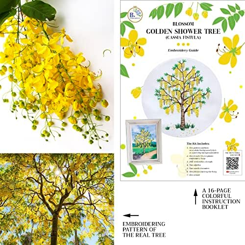 Б. Комплект за бродиране жълто Цвете дърво ръцете си с цветен фон за рисуване в 6-инчов пластмасов обръч
