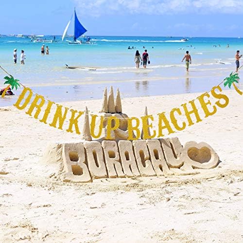 Банер Drink Up Beaches със Златен Блясък, Декор За Плажната партита / Тропически Украса За Рожден Ден / на Хавайските Украса