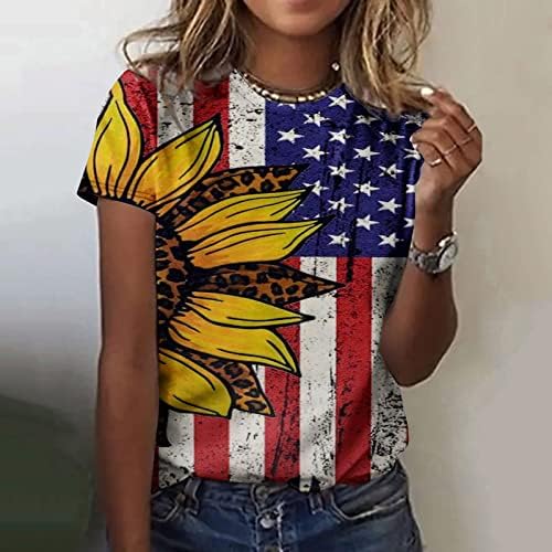 Ризата на Деня на Независимостта, Дамски Тениски с Флага на сащ и Подсолнухом, Ежедневни Тениски С Кръгло Деколте