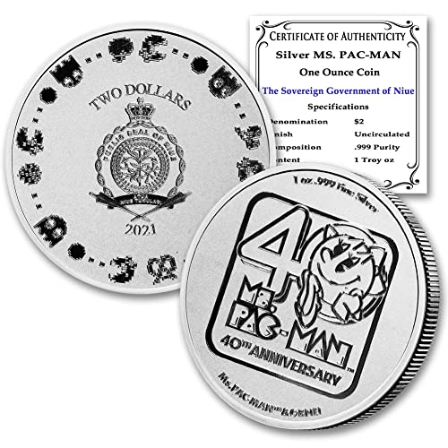 2021 NU Ниуе 1 унция Сребърна монета Ms. Pac-Man 40th Anniversary Монета Брилянт Без лечение (в капсули) със сертификат за