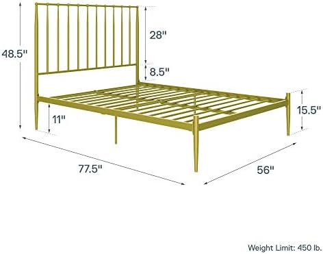 Модерна метално легло-платформа Novogratz Nicole с Високо таблата от вертикални ленти, Място за съхранение под леглото, Пружинен
